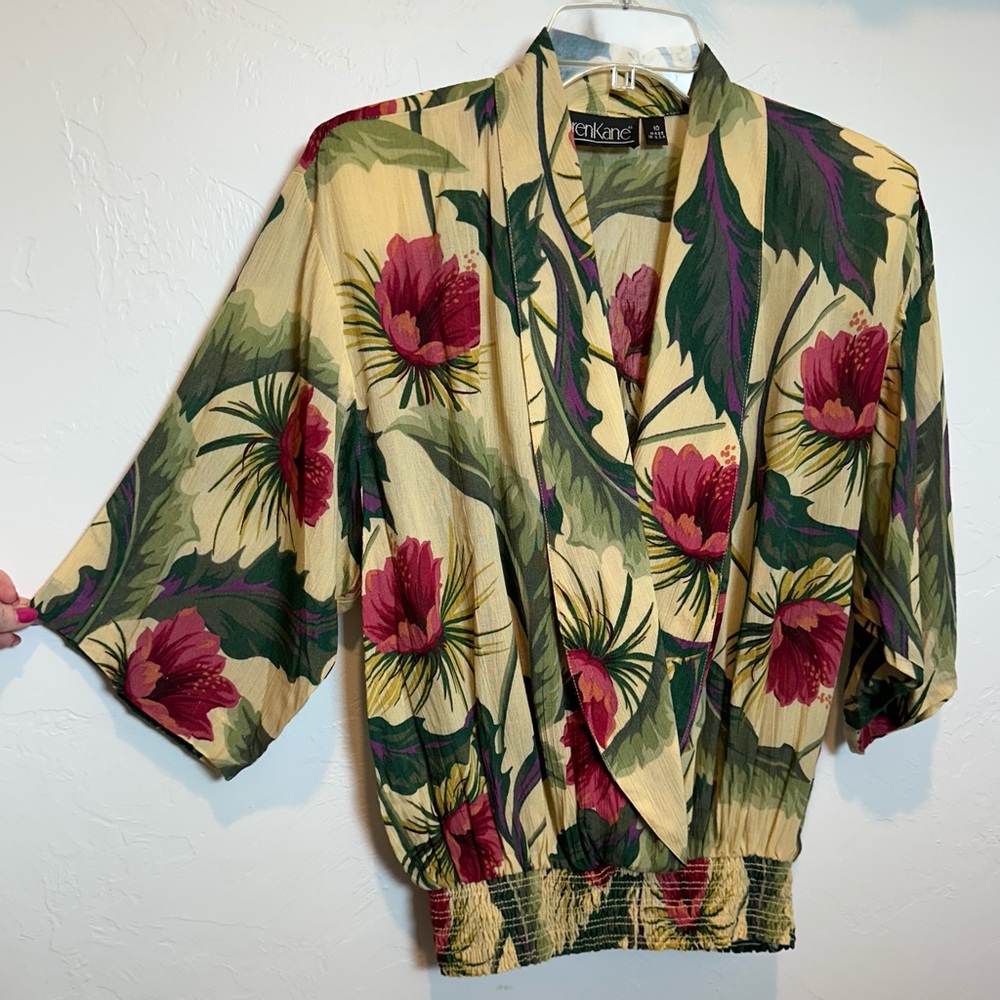 Vintage Karen Kane Women’s Floral Top 90’s Shoulder Pads Balloon Blouse Tropical